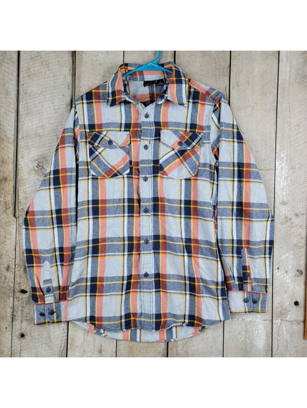 Split Mens Flannel Shirt Small Plaid Button Front Long Sleeve Gray Orange Yellow